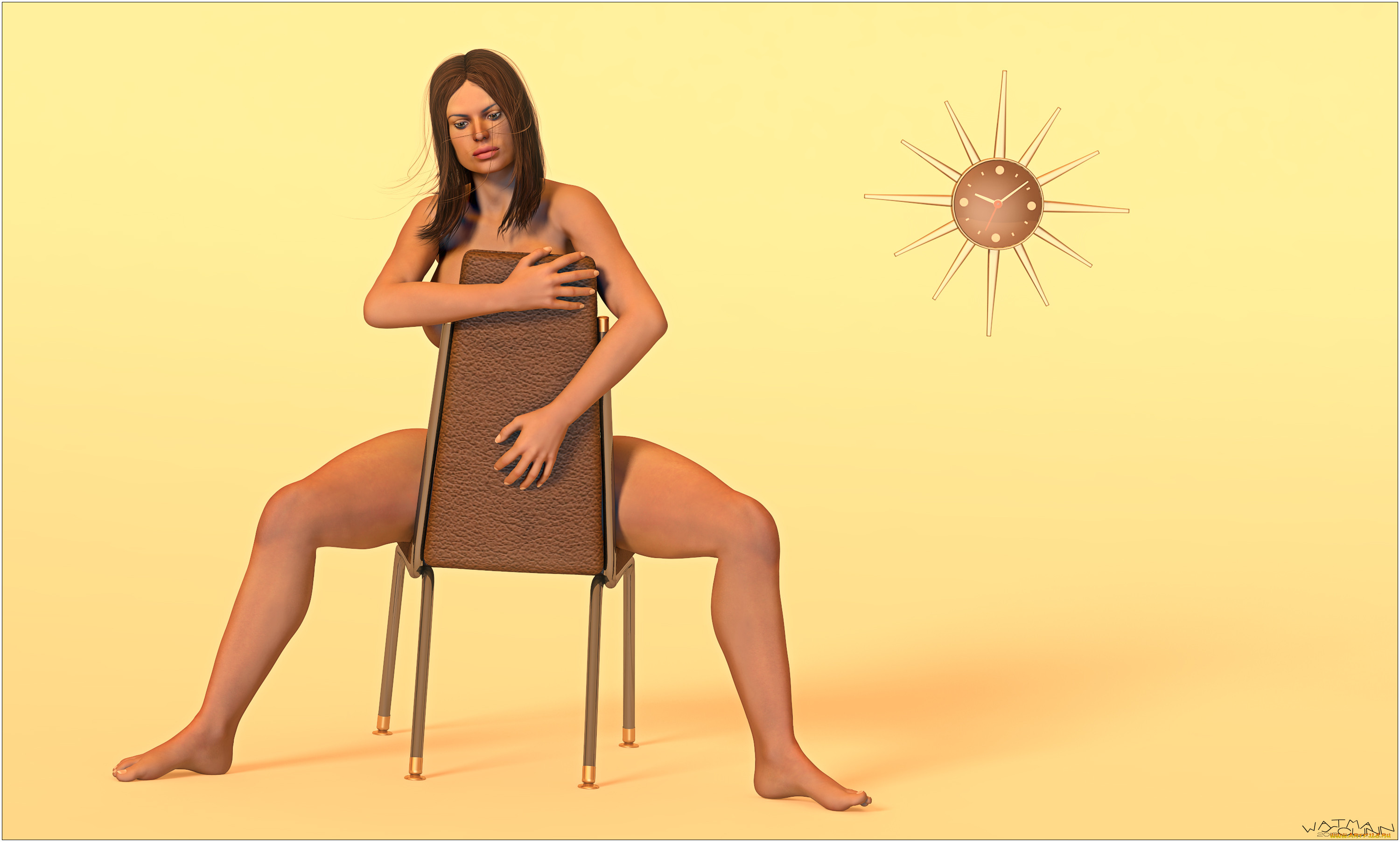 Женщина сидит на стуле коричневый фон